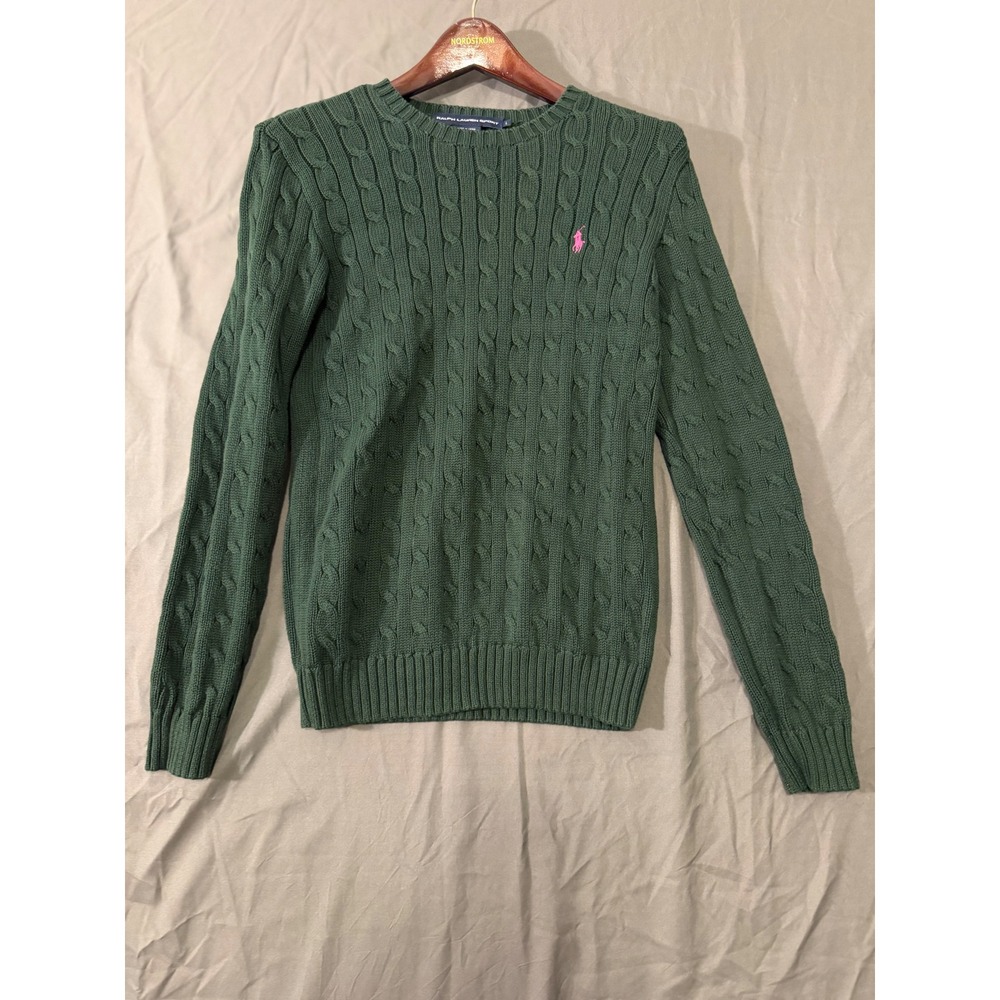 Ralph Lauren Sport Women's Large Green Cable Knit Cotton Sweater Pink Pony Logo